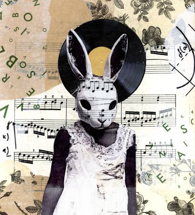 Mischief collage by Narges Valibeigi: figure in a rabbit mask against sheet music and a vinyl record